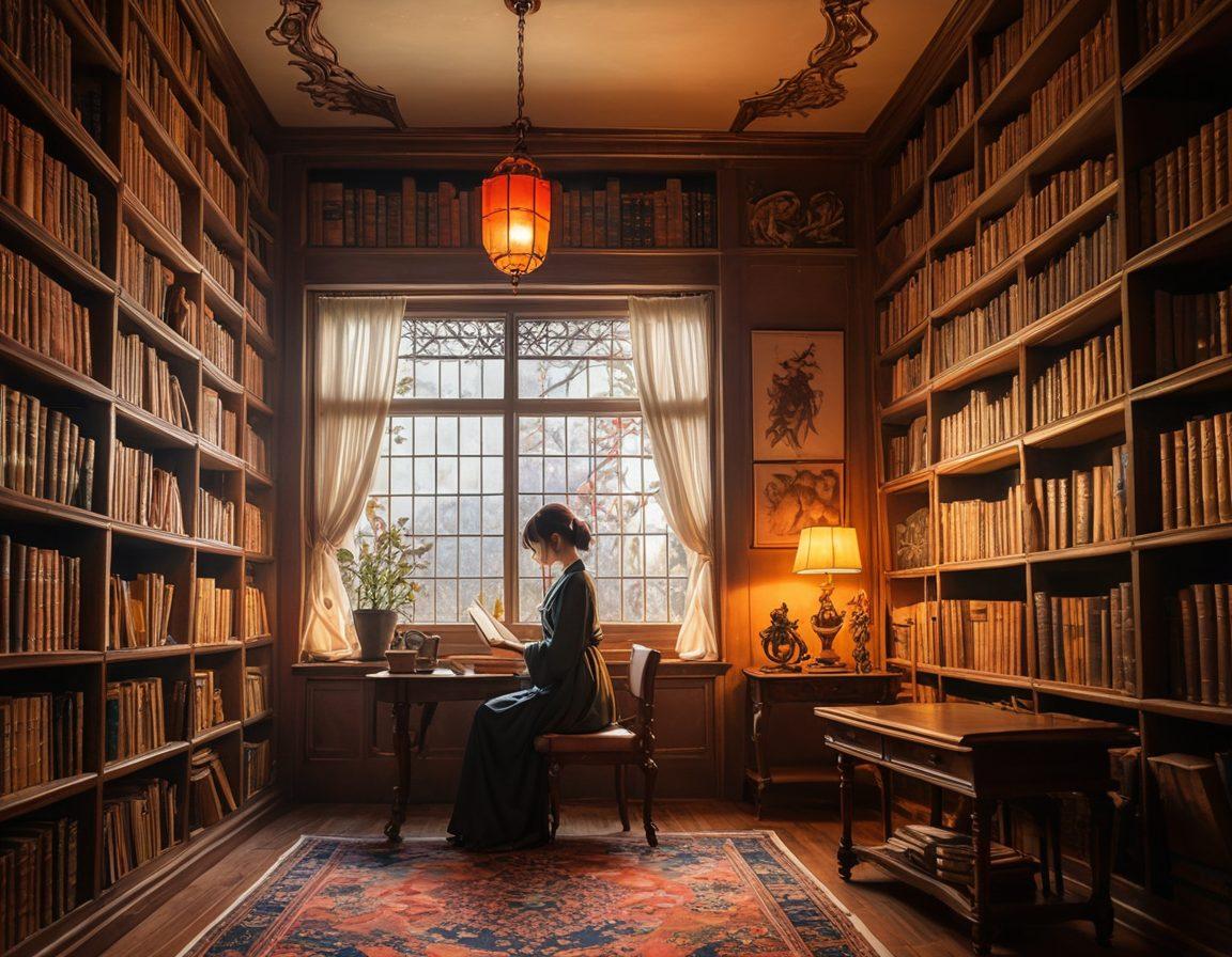 A captivating scene illustrating a mysterious library filled with ancient tomes and explicit illustrations, where shadows play on the walls. In the foreground, a figure is engrossed in reading a vibrant hentai manga, with fantasy elements like ethereal characters emerging from the pages. The atmosphere is seductive and alluring, blending whimsical fantasy with adult artistry. soft lighting, vibrant colors, painting.