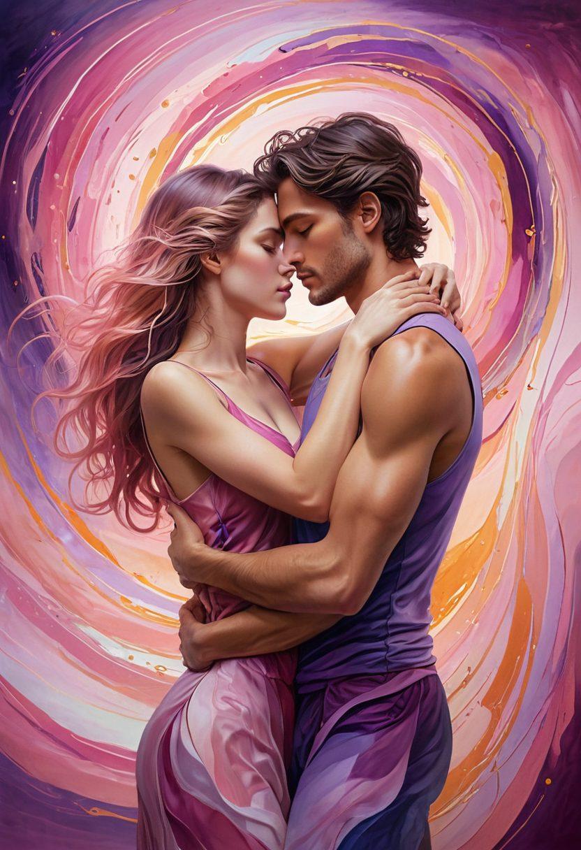 An evocative scene illustrating two individuals deeply connected in an intimate embrace, surrounded by swirling, soft colors that represent passion and fantasy. The background features abstract shapes that symbolize the complexities of desire and longing, with a warm, inviting glow illuminating their faces. Capture the essence of intimacy and allure, making it feel both personal and universal. surrealistic. vibrant colors. soft focus.