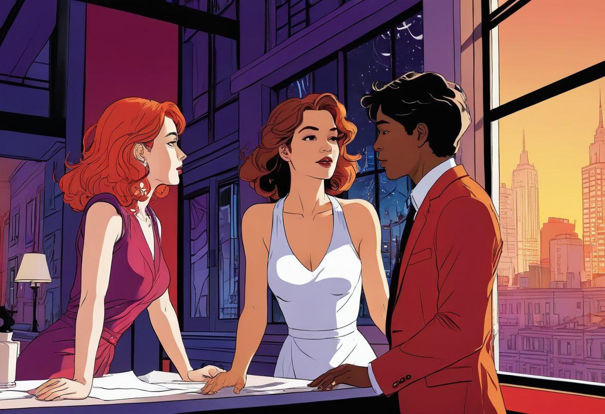 A dynamic blend of a graphic novel and an erotic literature scene, featuring vibrant illustrations of characters from both genres engaging in a lively discussion. Incorporate elements like comic panels transitioning into steamy prose, with a whimsical backdrop that hints at modern culture's evolution. Highlight contrasting styles - bold graphic lines for the graphic novel side and elegant, flowing script for the lustful tales. Infuse warm, passionate colors throughout the image. super-realistic. vibrant colors. 3D.
